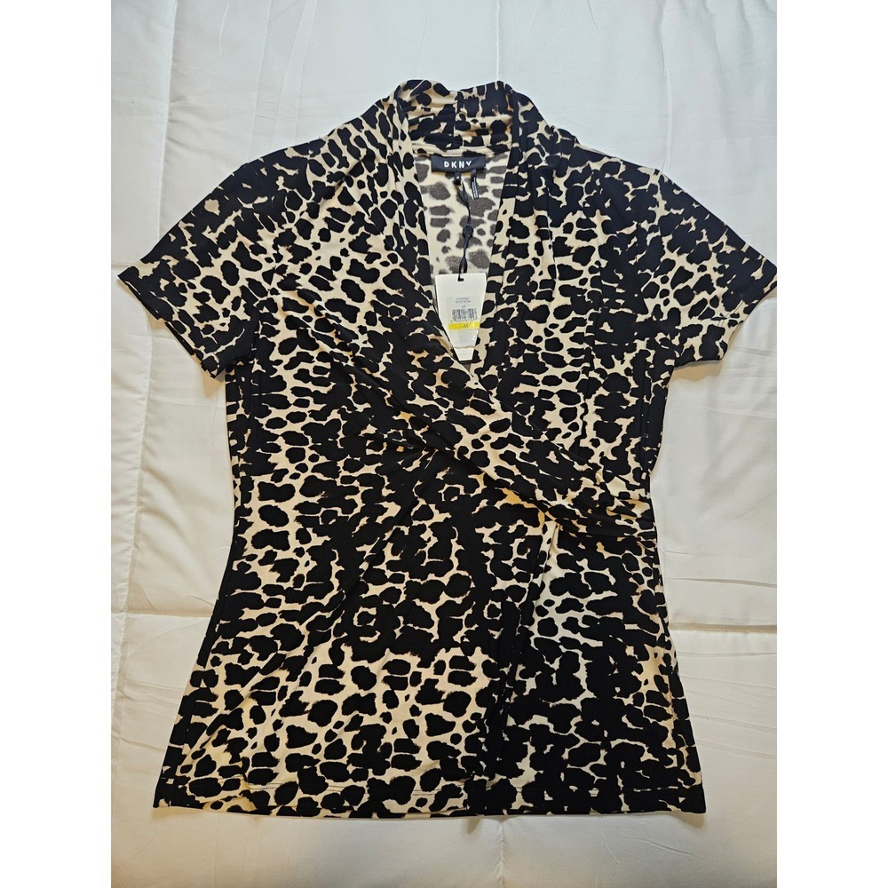 DKNY Essentials Leopard Print Wrap Front Mock Neck Top Tan Black Medium